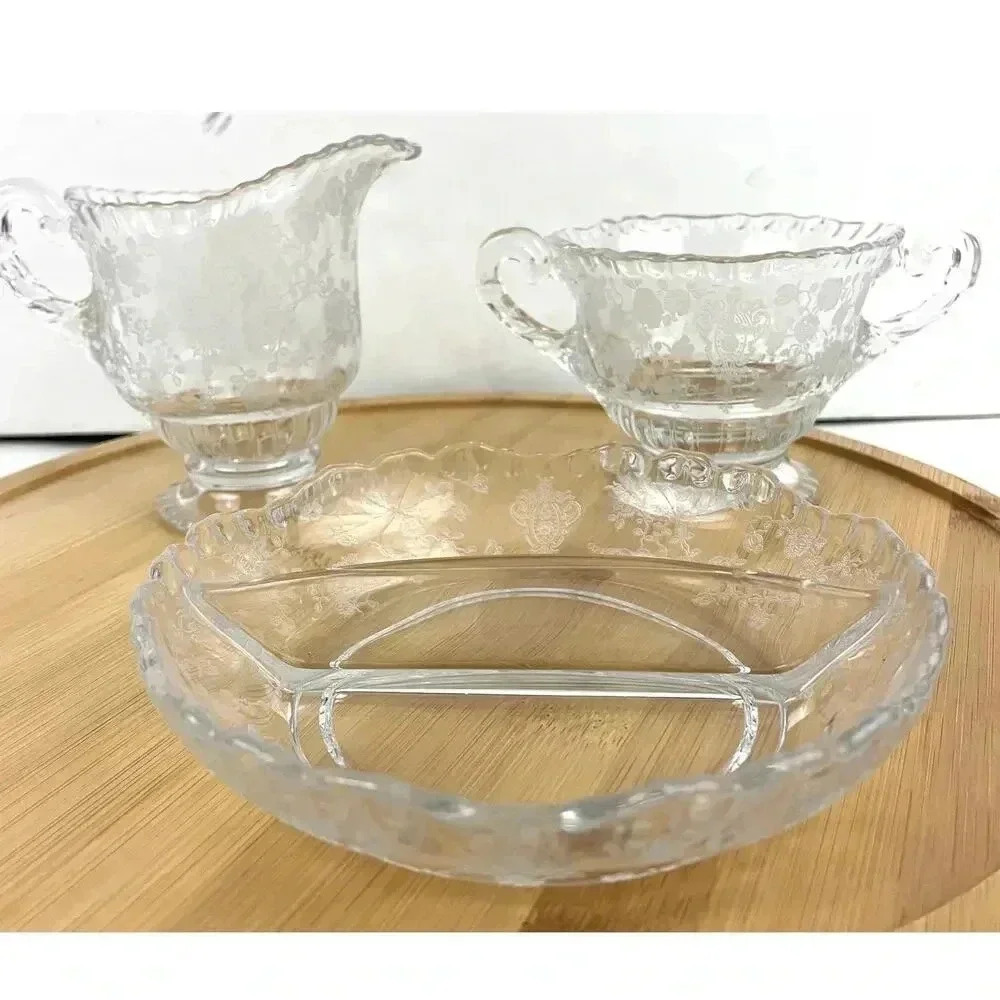VTG‎ Cambridge Rose Point Divided Dish Sugar and Creamer Etched Clear Glass